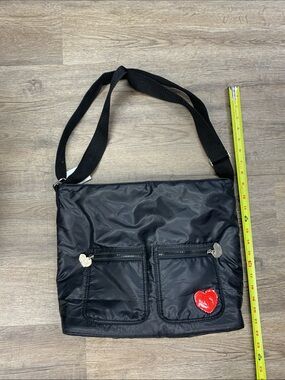 Dkny Black Nylon Messenger Bag with Red Heart Patch